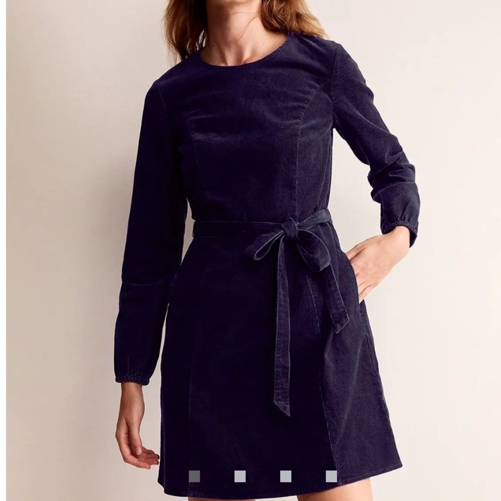 Boden Navy Blue Corduroy Tie Waist Mini Dress NWT Long Sleeve Size 6P